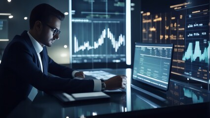 usinessman analyzing company financial balance sheet working with digital virtual graphics Business