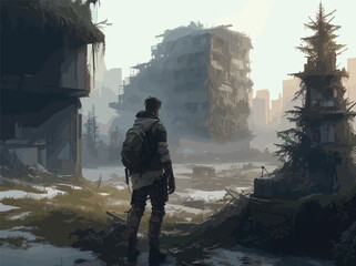 Picture a post-apocalyptic world reclaimed by nature, where a lone wanderer finds solace in a serene Christmas scene amidst overgrown city ruins, symbolizing hope and renewal.