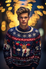 Handsome Young Man Wearing Christmas Ugly Sweater