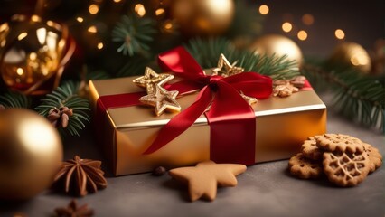Christmas decoration composition on light gold background with beautiful Golden gift box