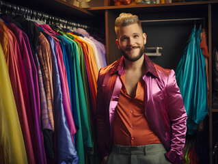 Gay fashion stylist in dressing room LGBTQ designer concept