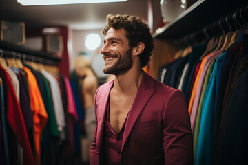 Gay fashion stylist in dressing room LGBTQ designer concept