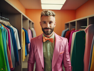 Gay fashion stylist in dressing room LGBTQ designer concept