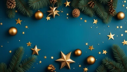 Christmas frame top border made of fir tree branches, golden decorative stars, balls over blue background
