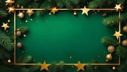 Christmas frame top border made of fir tree branches, golden decorative stars, balls over green background