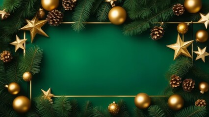Christmas frame top border made of fir tree branches, golden decorative stars, balls over green background