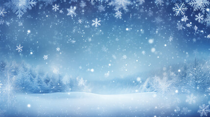 Naklejka na ściany i meble blue christmas background with snowflakes - snow field with mountains