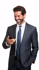 handsome smiling businessman using mobile phone in a isolated white background
