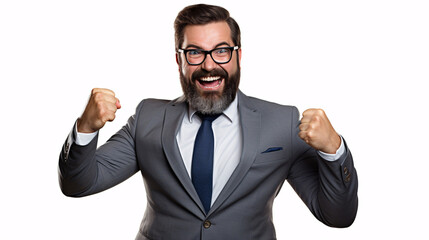 man in suite cheering, with hands up - success business man wearing gray suite, white shirt with spectacles smiling