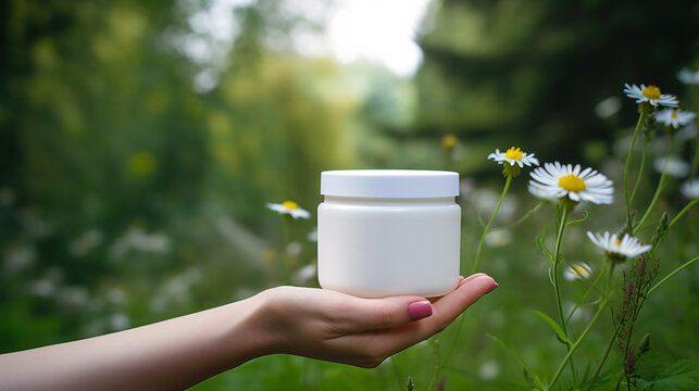 white skincare jar in a daisy nature background with a female hand, 4 oz glass jar mockup with cap