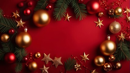 Christmas frame top border made of fir tree branches, golden decorative stars, balls over red background