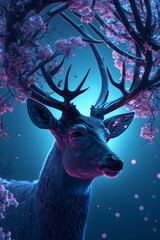 deer under a cherry blossom with antlers made from blue light detailed high quality 4k 