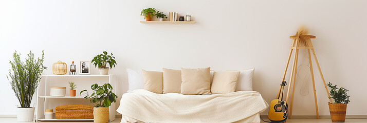 Simple room with white sofa with bright light