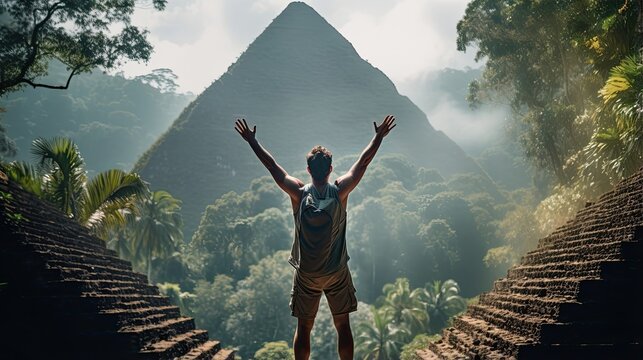 Male hiker, full body, view from behind, standing in front of a big pyramid in the middle of the jungle with raised arms, hands clenched into fist