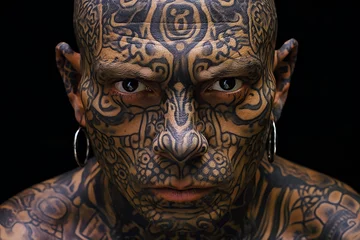 Foto op Aluminium Gang Tattoo Face Head Man Earrings Gangster Jail Prison © Xtremest