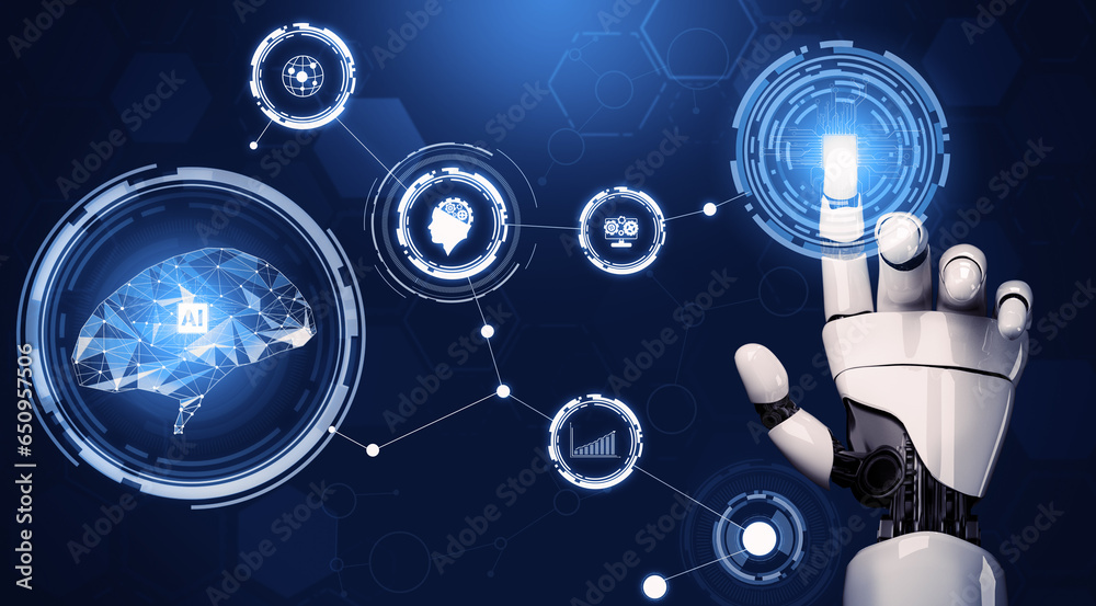 Poster 3d rendering futuristic robot technology development, artificial intelligence ai, and machine learni