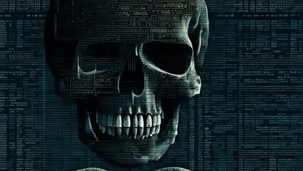 Computer code on a screen with a skull representing a computer virus & malware attack