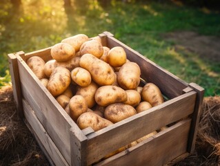 Freshly harvested Potatoes in a wooden box held by a farmer, close-up shot