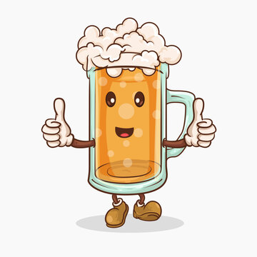 two thumbs up beer macot concept, beer mascot with expression. vintage style beer mascot character vector illustration.