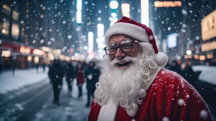 crazy santa claus smiles in the middle of the streets of time square new york as it snows
