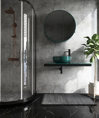 Luxury black and gray bathroom with tempered glass curved shower room enclosure at corner, green...