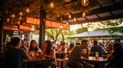 Vibrant Street Bar Restaurant: Bokeh Background of Socializing, Dining, and Music in Asia