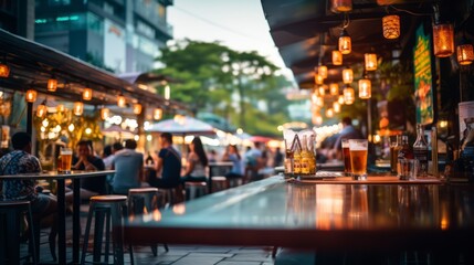 Vibrant Street Bar Restaurant: Bokeh Background of Socializing, Dining, and Music in Asia