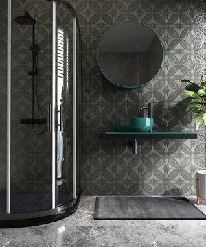 Luxury black and gray bathroom with tempered glass curved shower room enclosure at corner, green vanity counter, washbasin, tree, tile wall, floor in sunlight. Interior design decoration background 3D