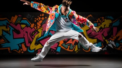 Dynamic Male Dancer Showcasing Moves on Vibrant Graffiti Gray Background