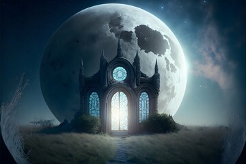 cathedral on the moon surface with a grassy path fractal windows and a bright magic crystal door photorealistic 