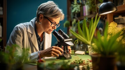Exploring Nature's Wonders: Experienced Female Botanist Studying Plants with Microscope on Leaf Green Background - obrazy, fototapety, plakaty
