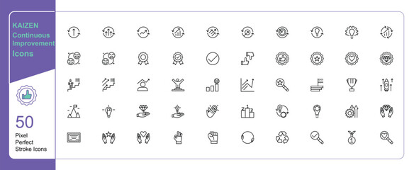 Kaizen business activities makes continuous improvement icon | 50 set single stroke vector collection expandable and color changeable pixel perfect arrow sets