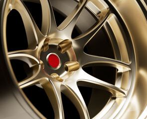 Close Up of  Bright Bronze Racing Wheel Rim 3D Rendered