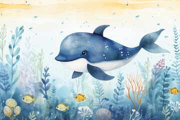 Watercolor illustration of a cute whale swimming in the sea. Underwater world.
