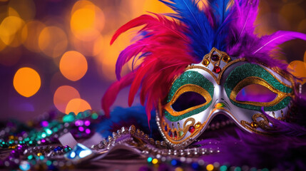 Carnival mask with colored feathers on a blurred background