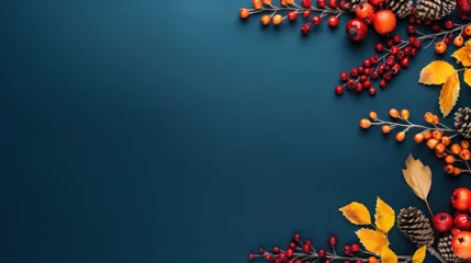Tuinposter Frame of colorful red and yellow autumn leaves with cones and rowan berries on trendy blue background. First day of school, back to school, fall concept © tashechka