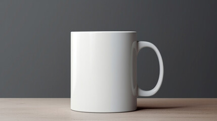 A white mug with space for text stands on the table or logo