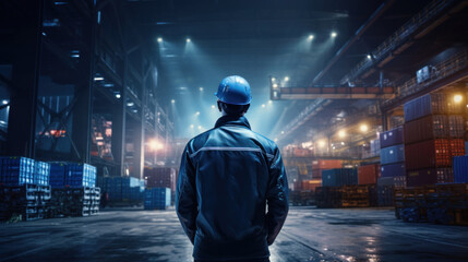 A man stands with his back against the backdrop of an industrial room