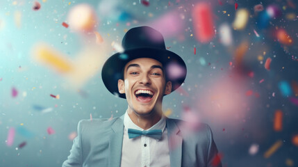 Happy young man in a hat against the background of flying colored confetti