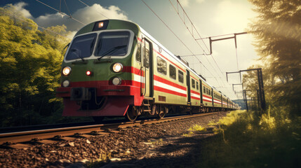 Fototapeta premium An approaching train against the background of the forest on a sunny day