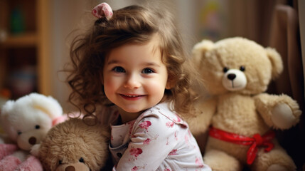 A cute little girl looks at the camera, smiles and play with toys