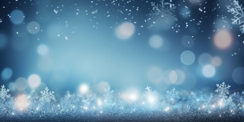 Fototapeta premium Blue winter background with snowflakes and bokeh