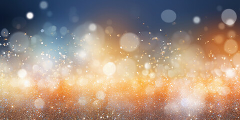 Blue and golden winter background with snowflakes and bokeh