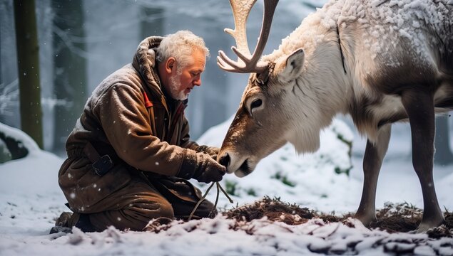 man feeding reindeer in winter forest
