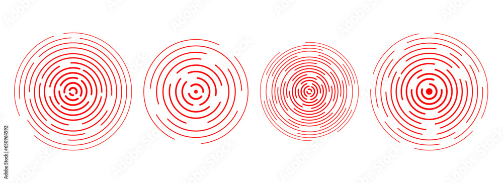 Poster Red concentric ripple circles set. Sonar or sound linear wave rings collection. Epicenter, target, radar icon concept. Radial signal or vibration elements. Halftone line vector illustration pack