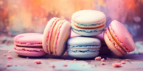 Fototapeta na wymiar Macarons on a pastel background on watercolor style background