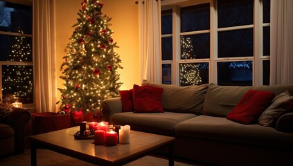 Christmas tree with presents and candles in living room at night. Interior design