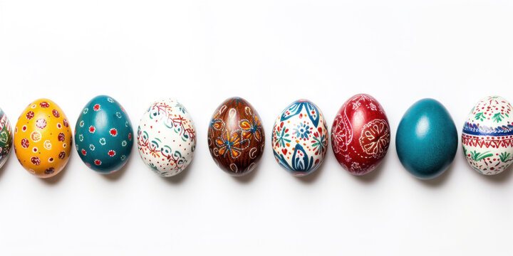 Multicolored Easter eggs with patterns on white background, top view