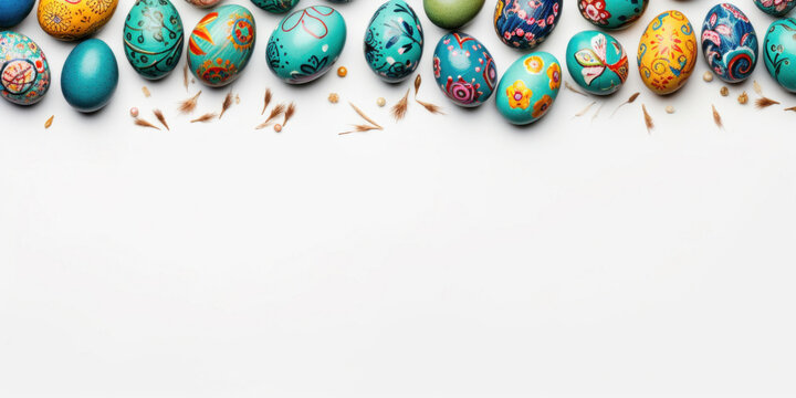 Multicolored Easter eggs with patterns on white background, top view