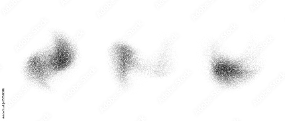 Poster Abstract fluid stippled gradient splashes. Noise grain texture stains shape set. Black and white dotted spray shades and sand dust spots. Halftone splatter forms collection. Vector dotwork elements